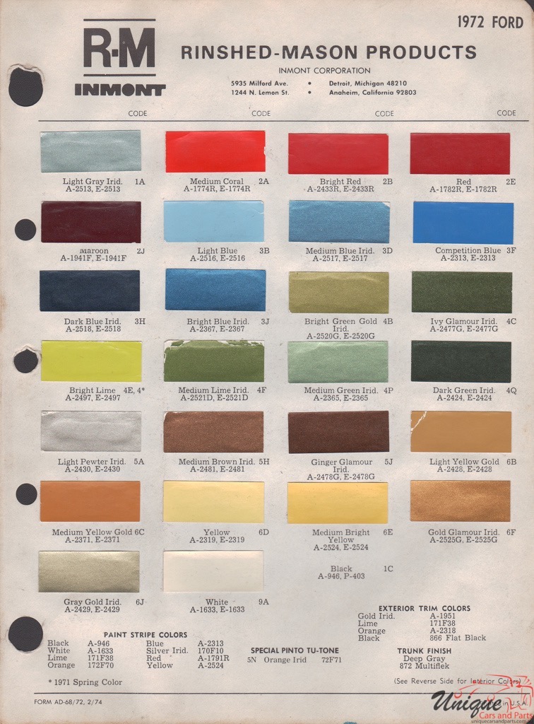 1972 Ford Paint Charts Rinshed-Mason